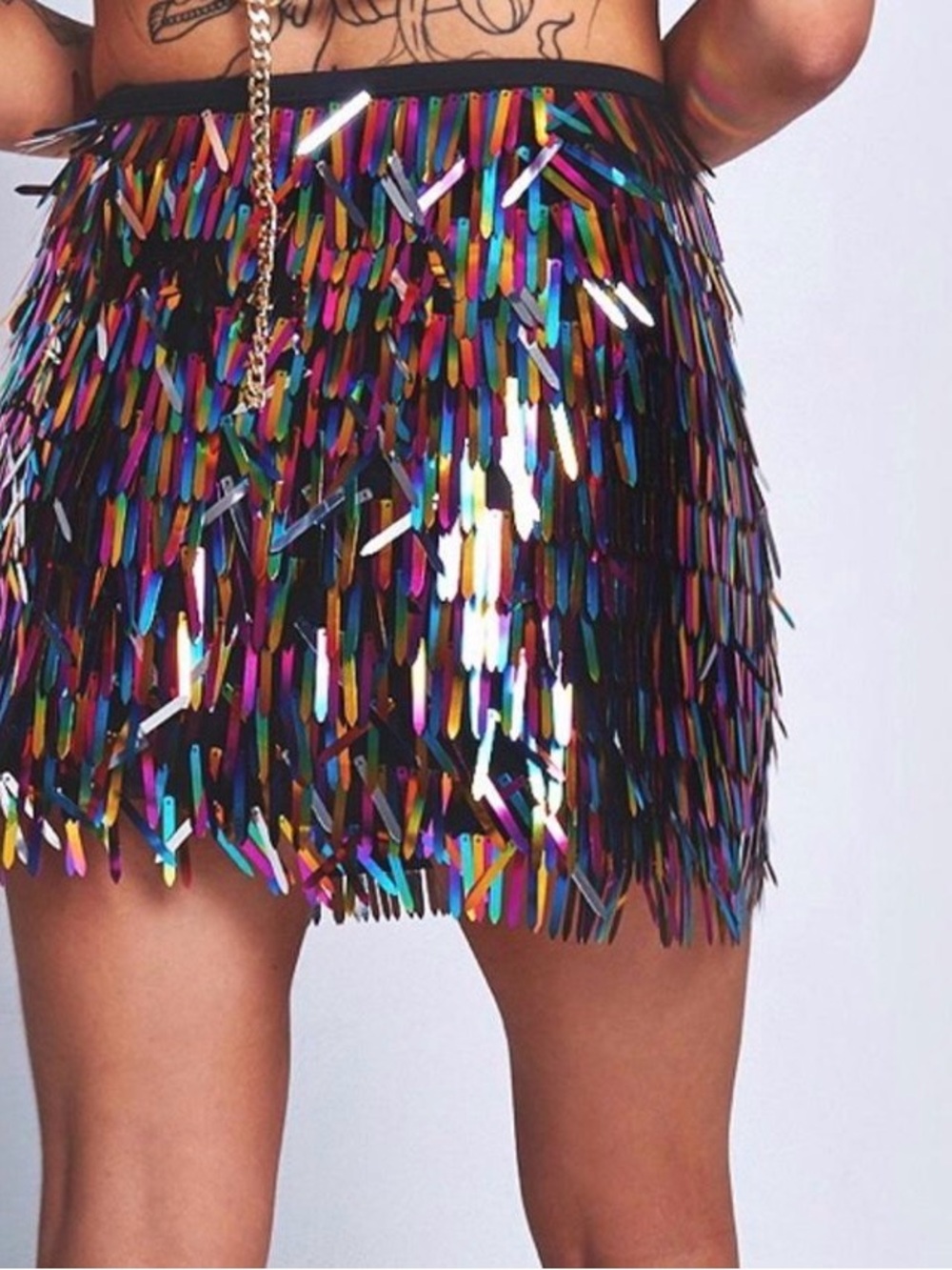 Multi-Color Sequin Fringe Mini Skirt - Black Base